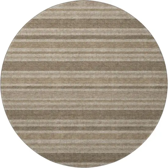 8' Taupe And Beige Striped Washable Round Rug With UV Protection Photo 3
