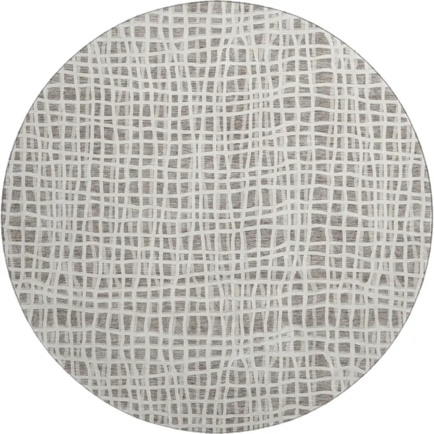 8' Taupe And Beige Striped Washable Round Rug With UV Protection Photo 1