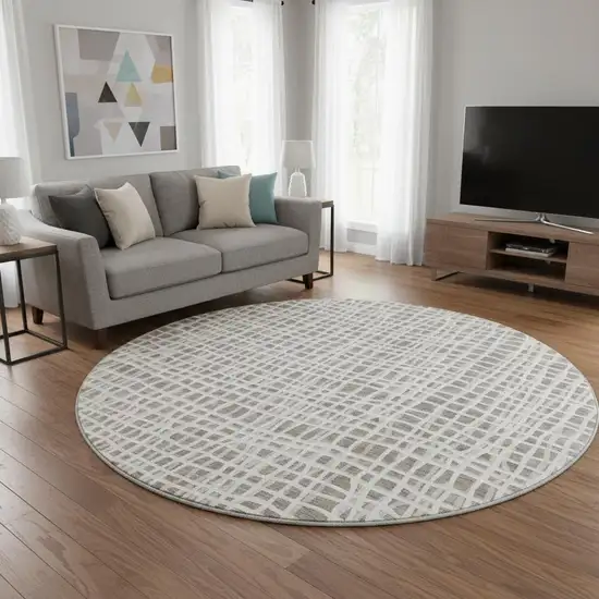 8' Taupe And Beige Striped Washable Round Rug With UV Protection Photo 2