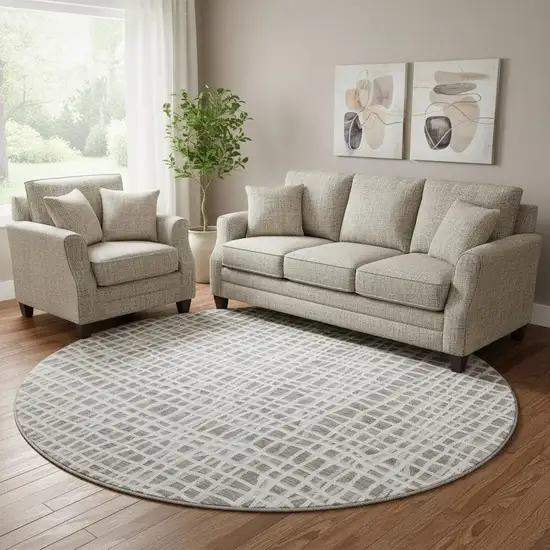 8' Taupe And Beige Striped Washable Round Rug With UV Protection Photo 1