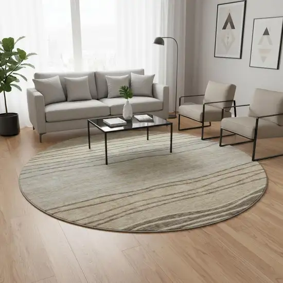 8' Taupe And Beige Striped Washable Round Rug With UV Protection Photo 2