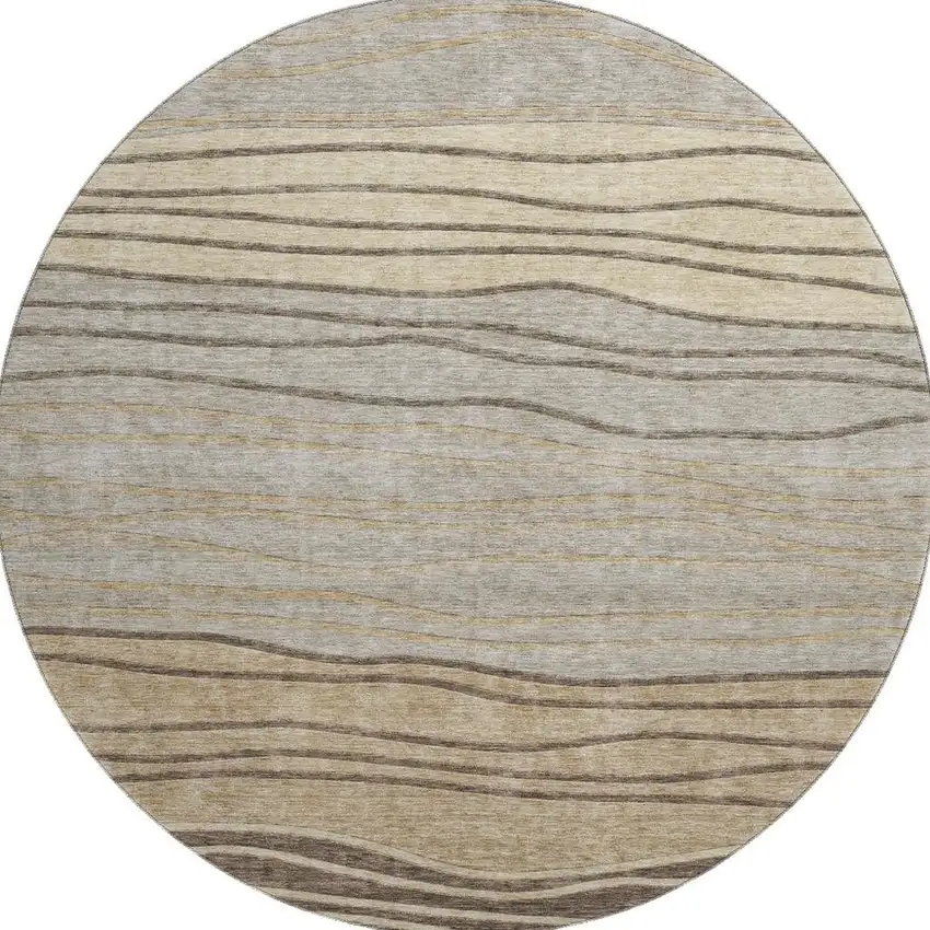 8' Taupe And Beige Striped Washable Round Rug With UV Protection Photo 3