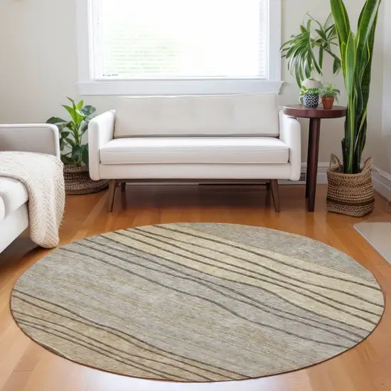 8' Taupe And Beige Striped Washable Round Rug With UV Protection Photo 5