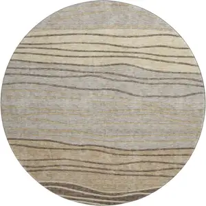 Photo of 8' Taupe And Beige Striped Washable Round Rug With UV Protection