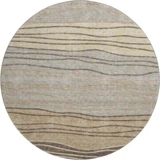 8' Taupe And Beige Striped Washable Round Rug With UV Protection Photo 1