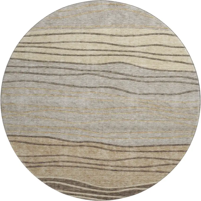 8' Taupe And Beige Striped Washable Round Rug With UV Protection Photo 1