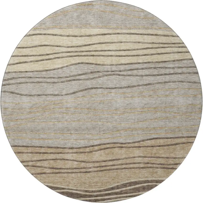 8' Taupe And Beige Striped Washable Round Rug With UV Protection Photo 4