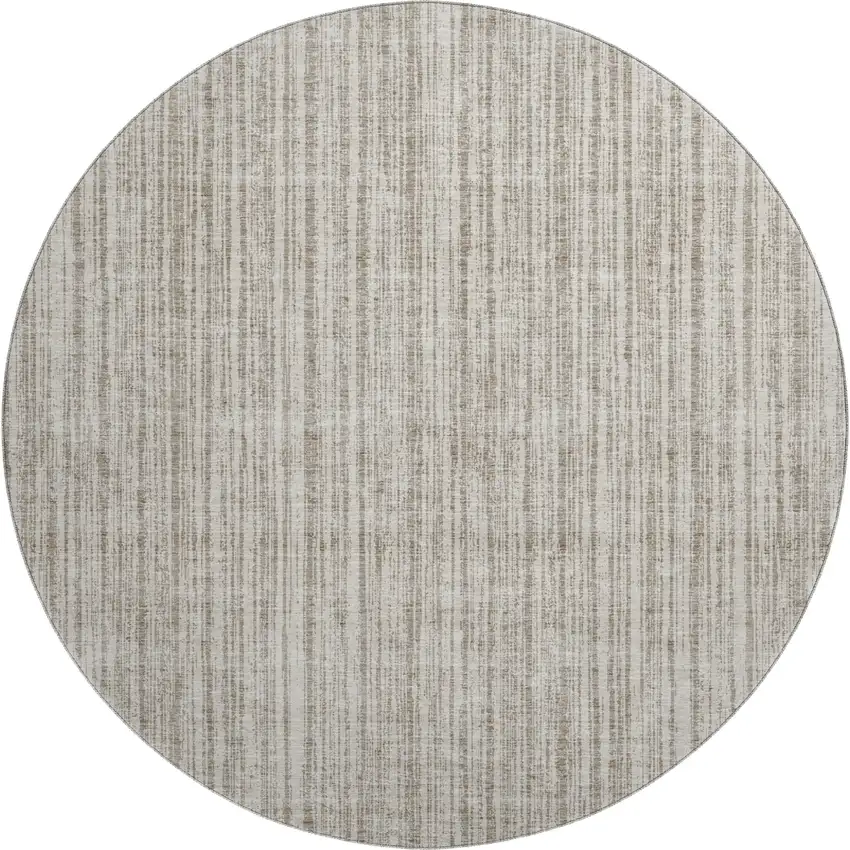 8' Taupe And Beige Striped Washable Round Rug With UV Protection Photo 1