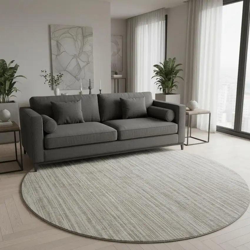 8' Taupe And Beige Striped Washable Round Rug With UV Protection Photo 2