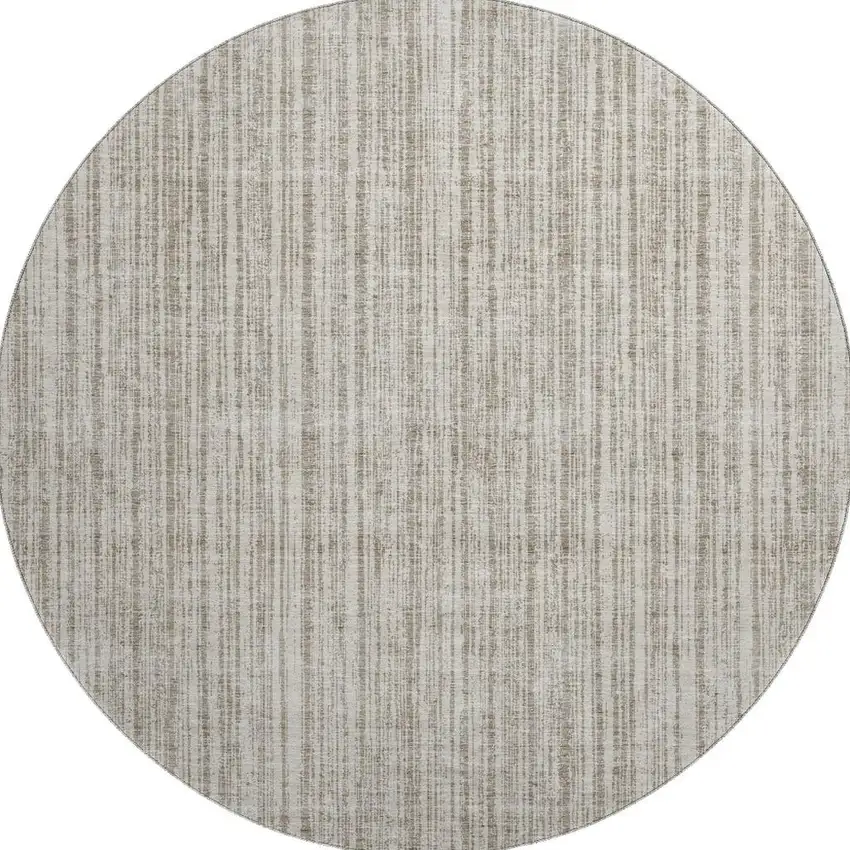 8' Taupe And Beige Striped Washable Round Rug With UV Protection Photo 3