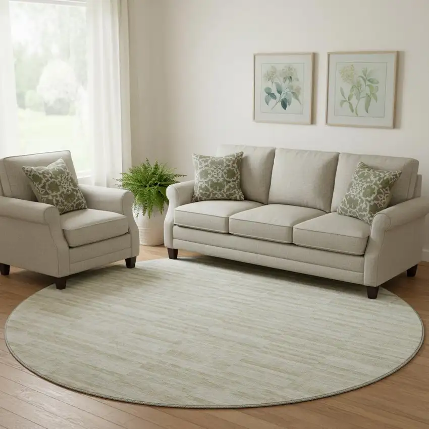 8' Taupe And Beige Striped Washable Round Rug With UV Protection Photo 1