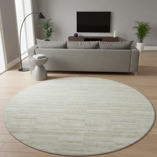 8' Taupe And Beige Striped Washable Round Rug With UV Protection Photo 2