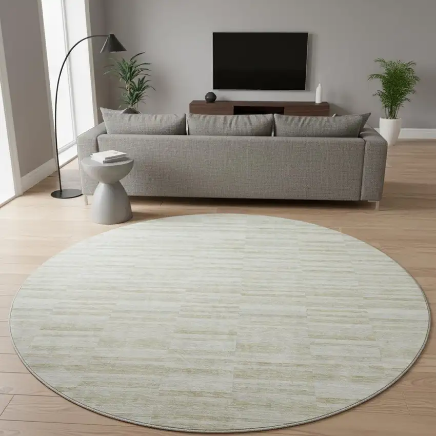 8' Taupe And Beige Striped Washable Round Rug With UV Protection Photo 2