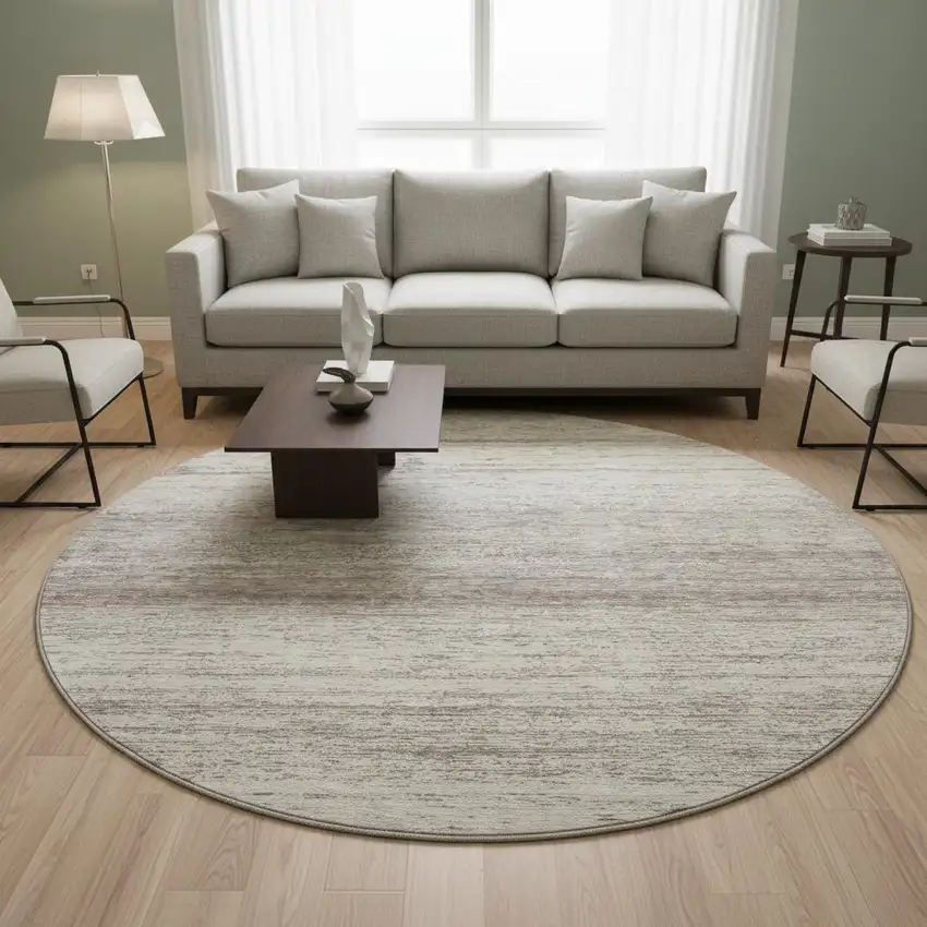 8' Taupe And Beige Striped Washable Round Rug With UV Protection Photo 2