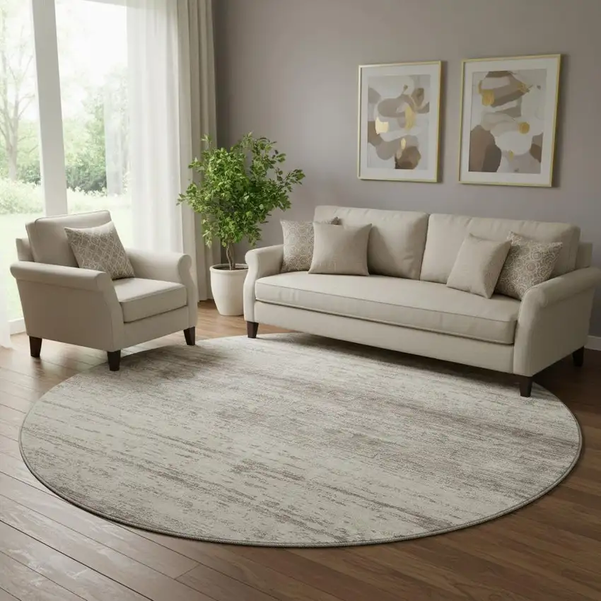 8' Taupe And Beige Striped Washable Round Rug With UV Protection Photo 1