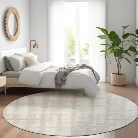 8' Taupe And Beige Striped Washable Round Rug With UV Protection Photo 5