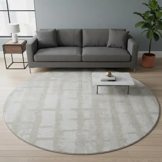 8' Taupe And Beige Striped Washable Round Rug With UV Protection Photo 2