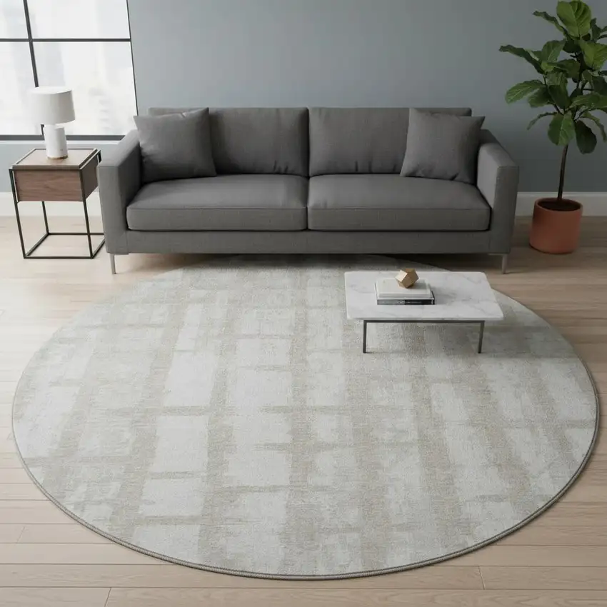 8' Taupe And Beige Striped Washable Round Rug With UV Protection Photo 2