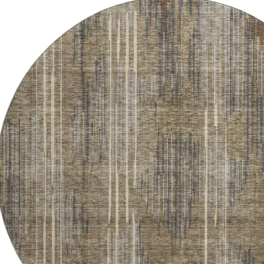 8' Taupe And Beige Striped Washable Round Rug With UV Protection Photo 3