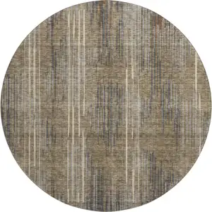 Photo of 8' Taupe And Beige Striped Washable Round Rug With UV Protection