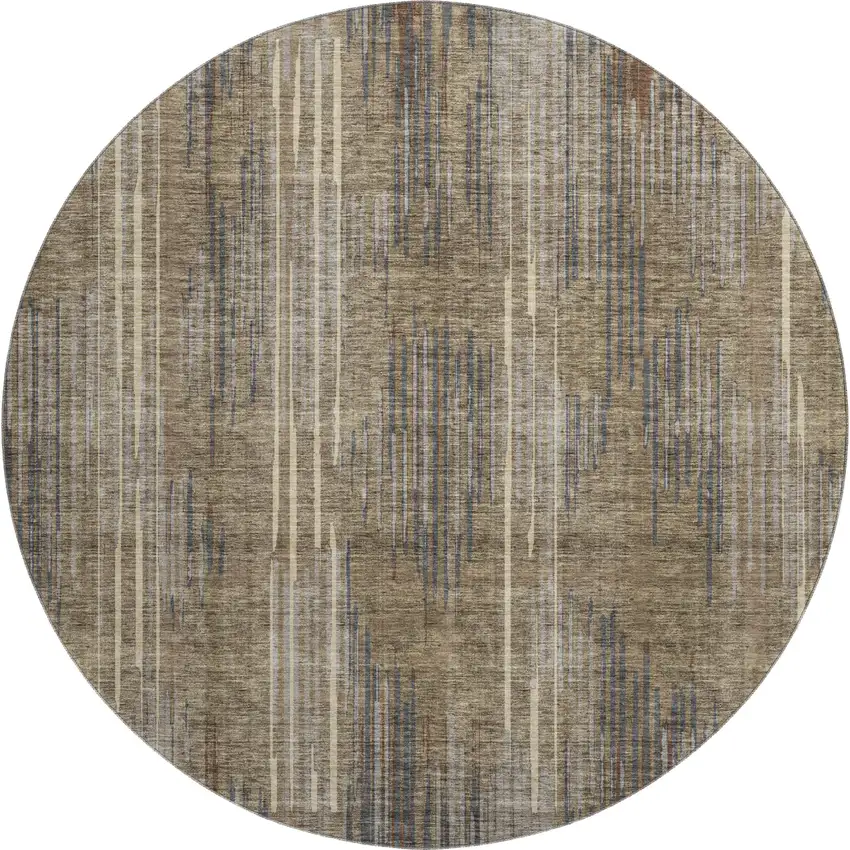 8' Taupe And Beige Striped Washable Round Rug With UV Protection Photo 1