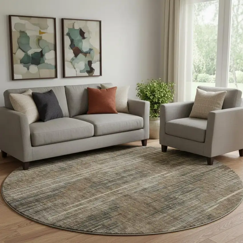 8' Taupe And Beige Striped Washable Round Rug With UV Protection Photo 1