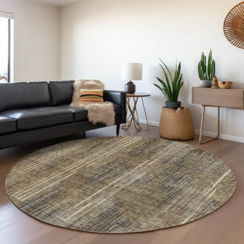 8' Taupe And Beige Striped Washable Round Rug With UV Protection Photo 5