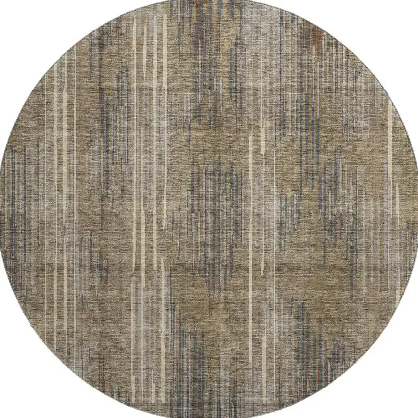 8' Taupe And Beige Striped Washable Round Rug With UV Protection Photo 4