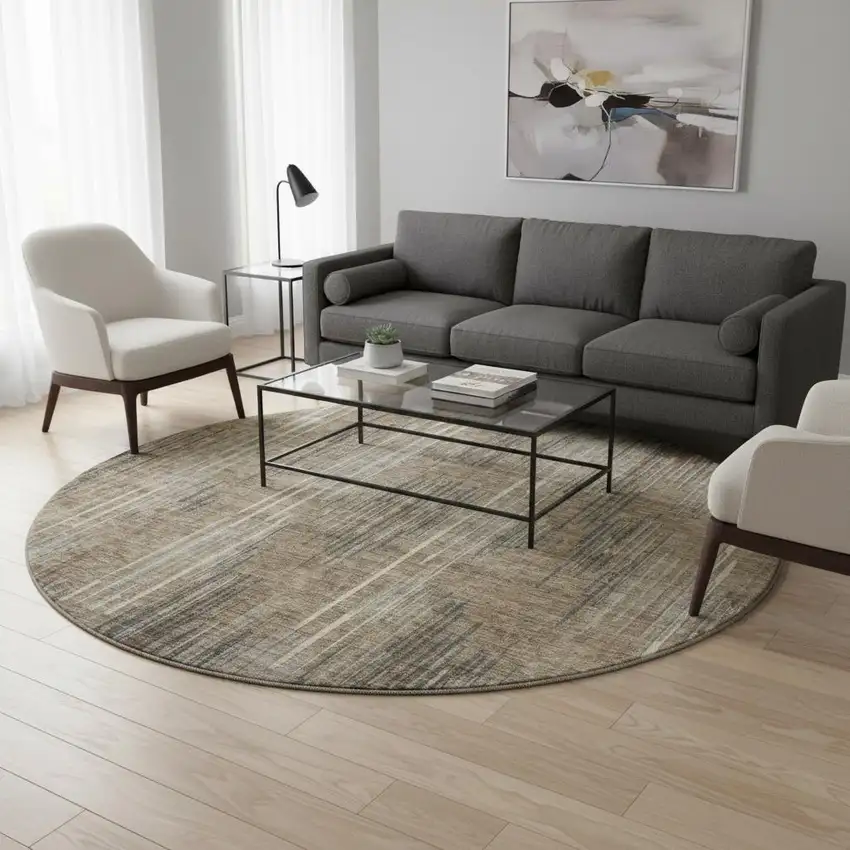 8' Taupe And Beige Striped Washable Round Rug With UV Protection Photo 2