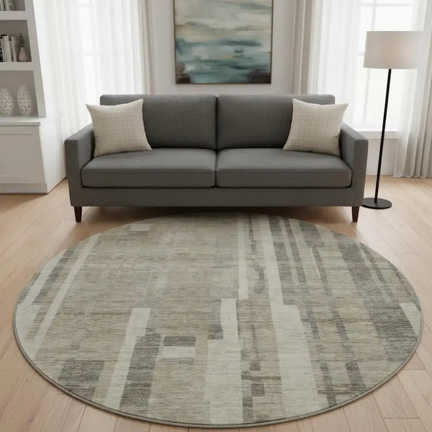 8' Taupe And Beige Striped Washable Round Rug With UV Protection Photo 2