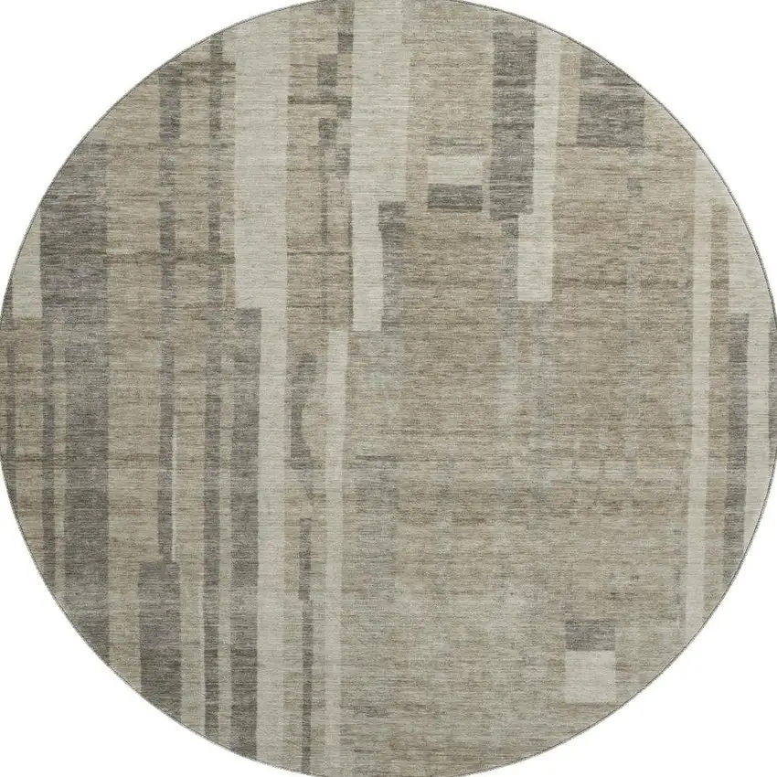 8' Taupe And Beige Striped Washable Round Rug With UV Protection Photo 2