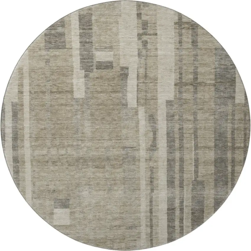 8' Taupe And Beige Striped Washable Round Rug With UV Protection Photo 3