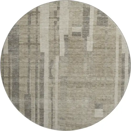 8' Taupe And Beige Striped Washable Round Rug With UV Protection Photo 1