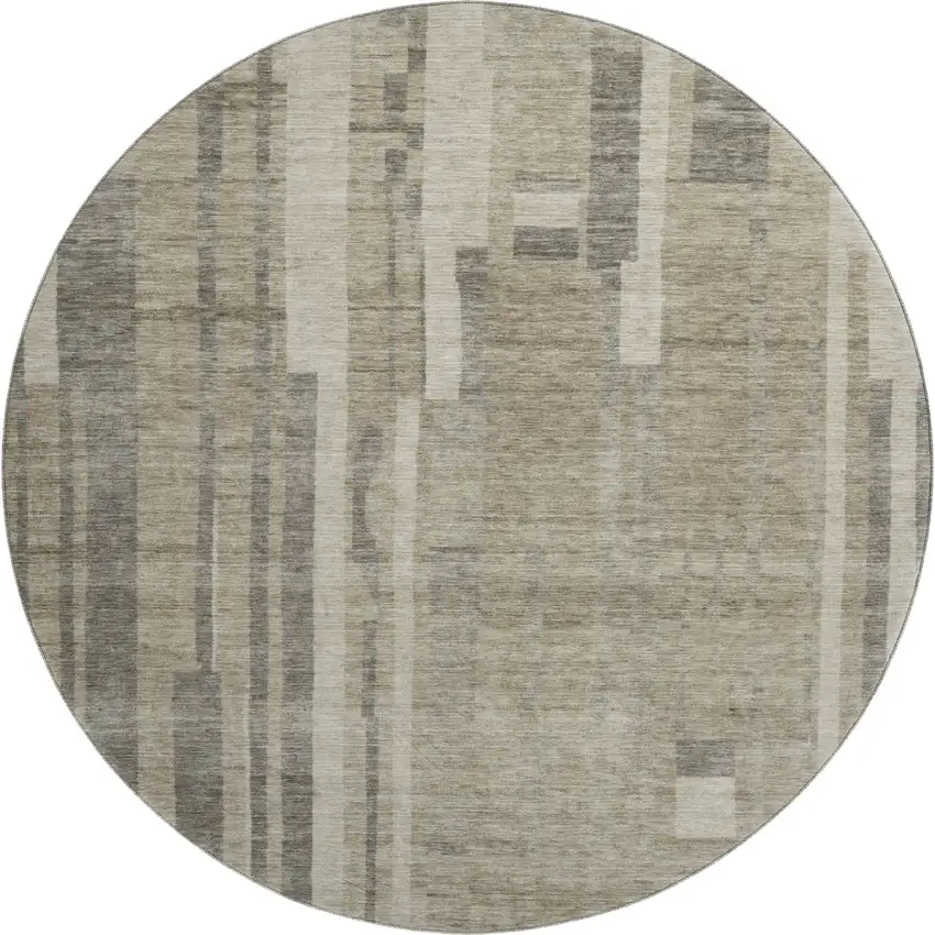 8' Taupe And Beige Striped Washable Round Rug With UV Protection Photo 1