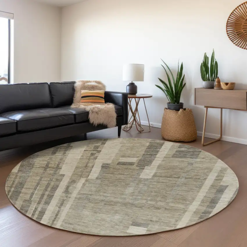 8' Taupe And Beige Striped Washable Round Rug With UV Protection Photo 4