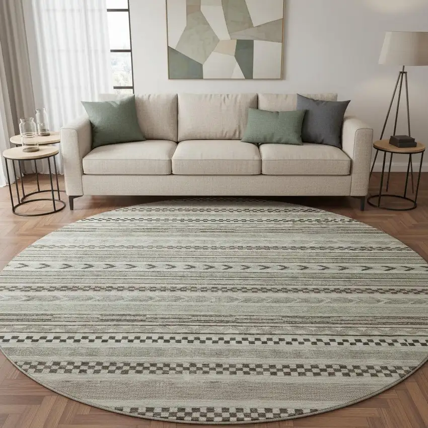 8' Taupe And Beige Striped Washable Round Rug With UV Protection Photo 2