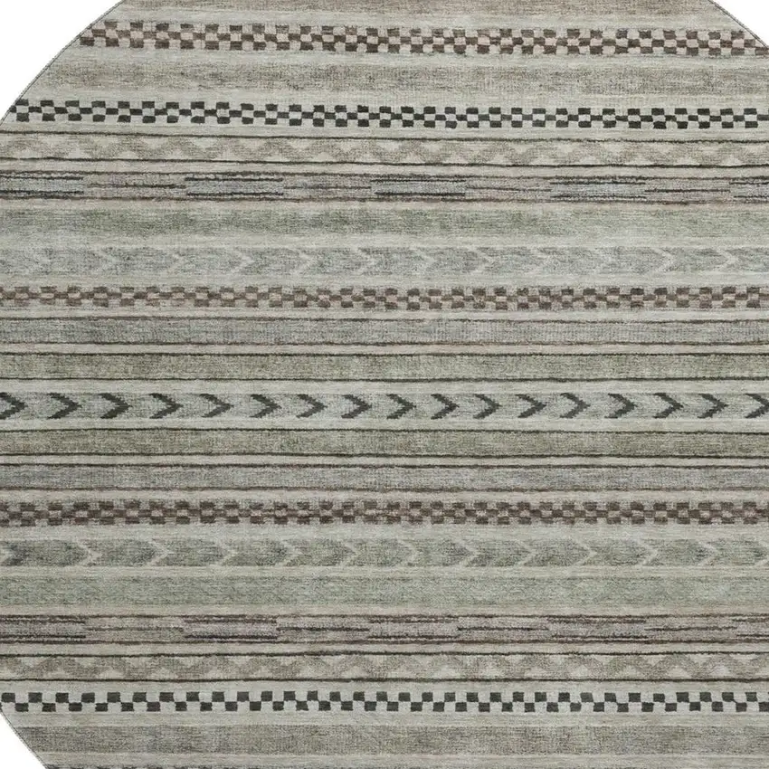 8' Taupe And Beige Striped Washable Round Rug With UV Protection Photo 2