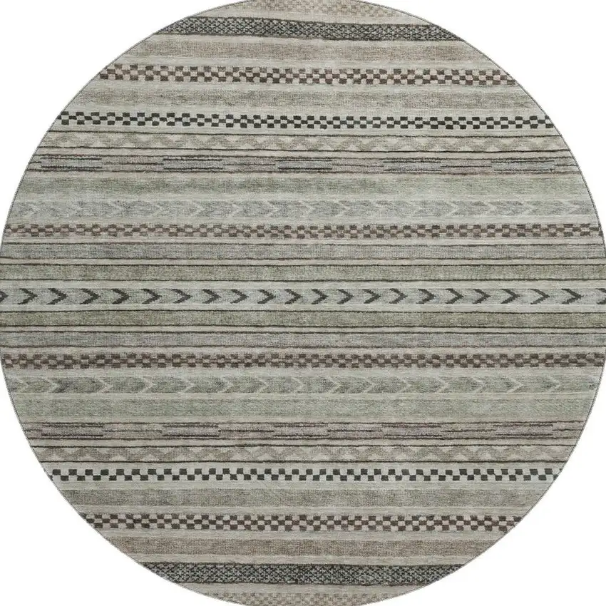 8' Taupe And Beige Striped Washable Round Rug With UV Protection Photo 3