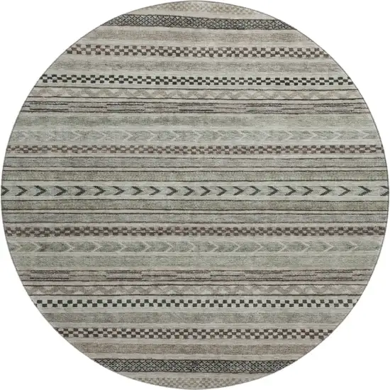 8' Taupe And Beige Striped Washable Round Rug With UV Protection Photo 1