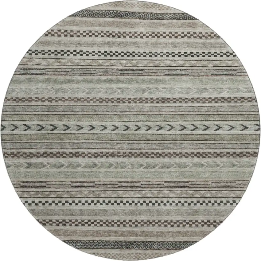 8' Taupe And Beige Striped Washable Round Rug With UV Protection Photo 1