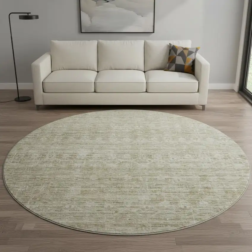 8' Taupe And Beige Striped Washable Round Rug With UV Protection Photo 2