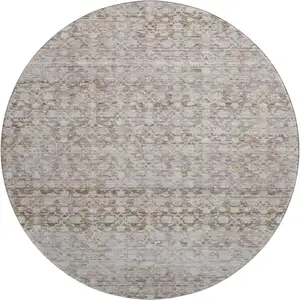 Photo of 8' Taupe And Beige Striped Washable Round Rug With UV Protection
