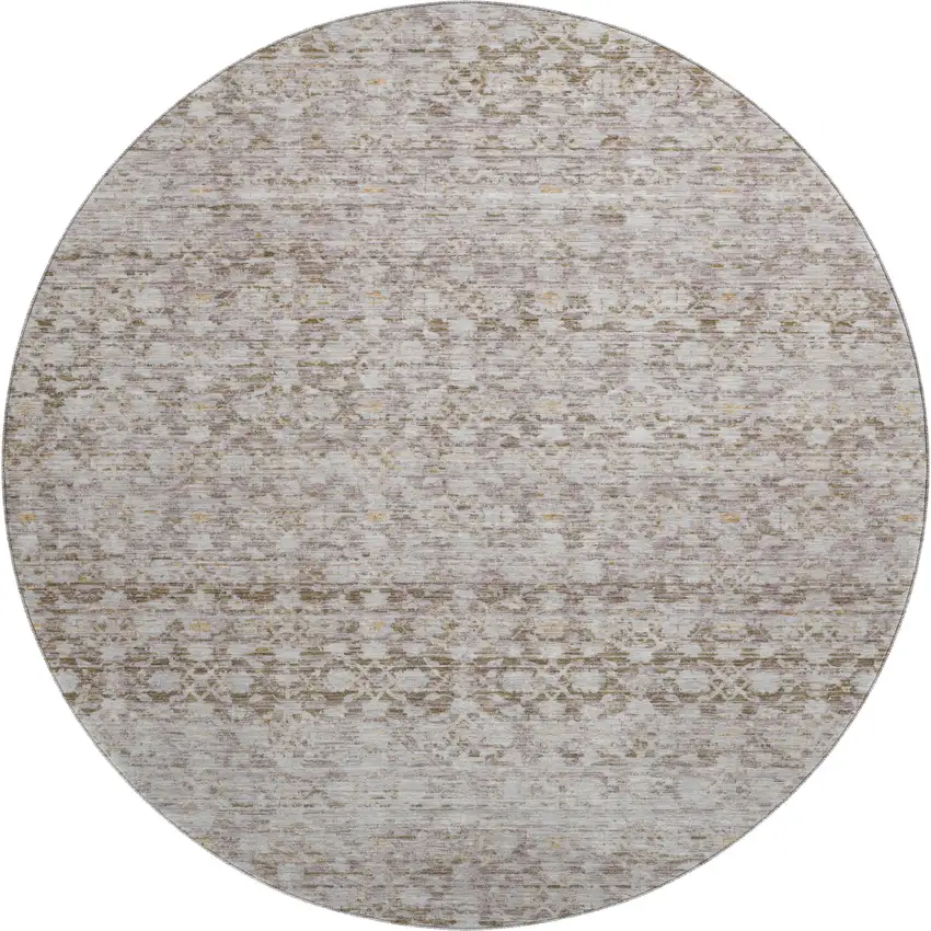 8' Taupe And Beige Striped Washable Round Rug With UV Protection Photo 1