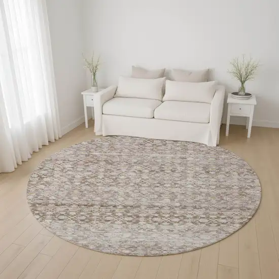 8' Taupe And Beige Striped Washable Round Rug With UV Protection Photo 3