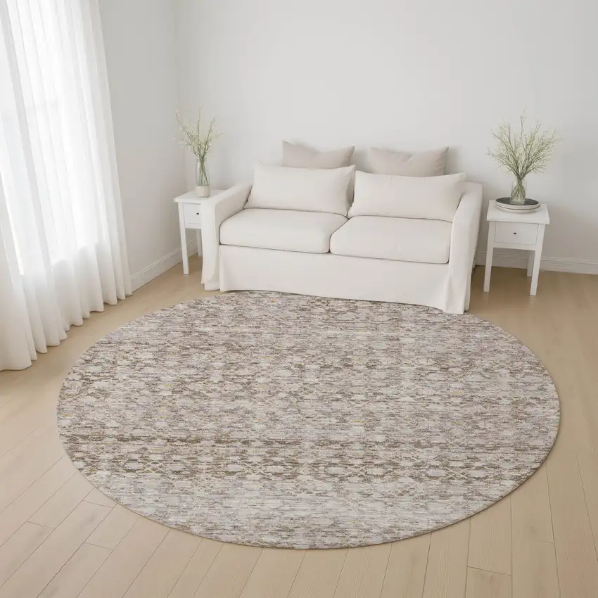 8' Taupe And Beige Striped Washable Round Rug With UV Protection Photo 3
