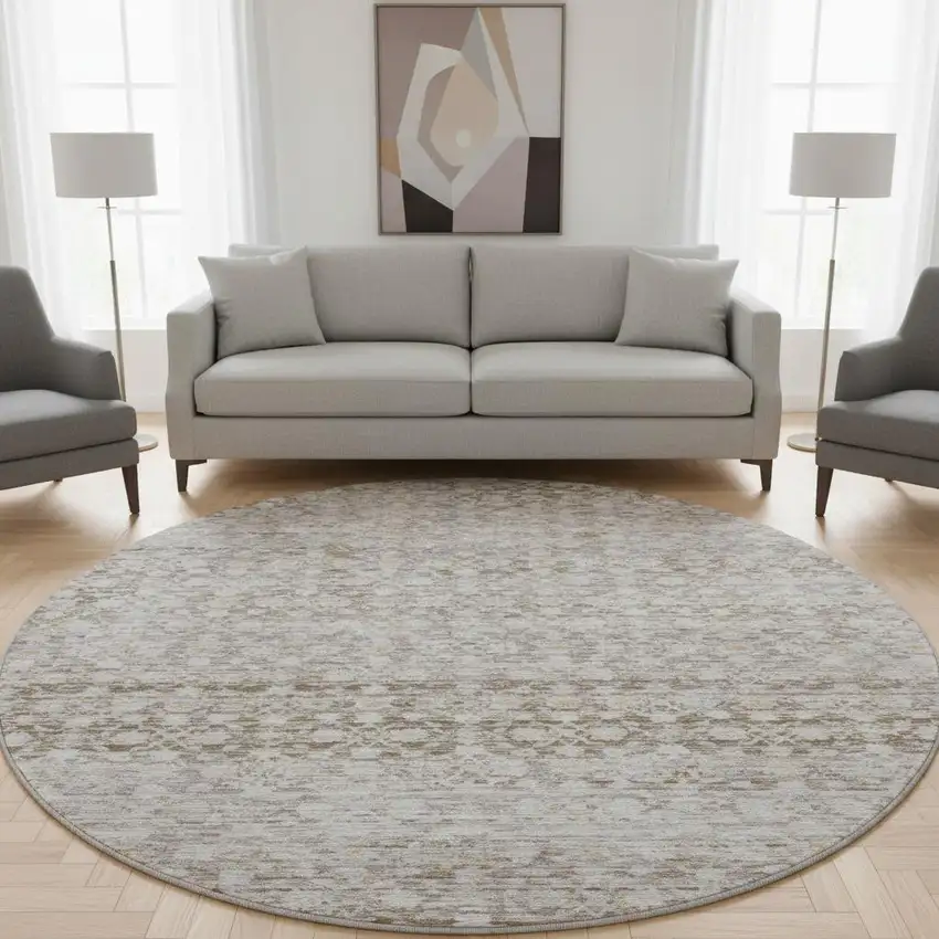 8' Taupe And Beige Striped Washable Round Rug With UV Protection Photo 2