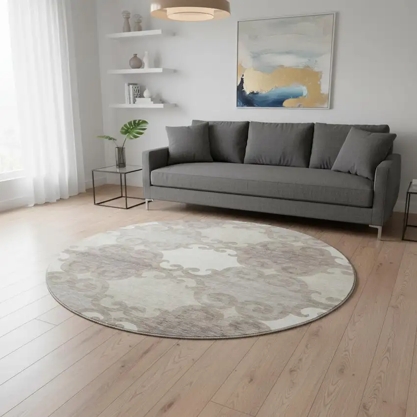 8' Taupe And Beige Trellis Washable Round Rug With UV Protection Photo 2