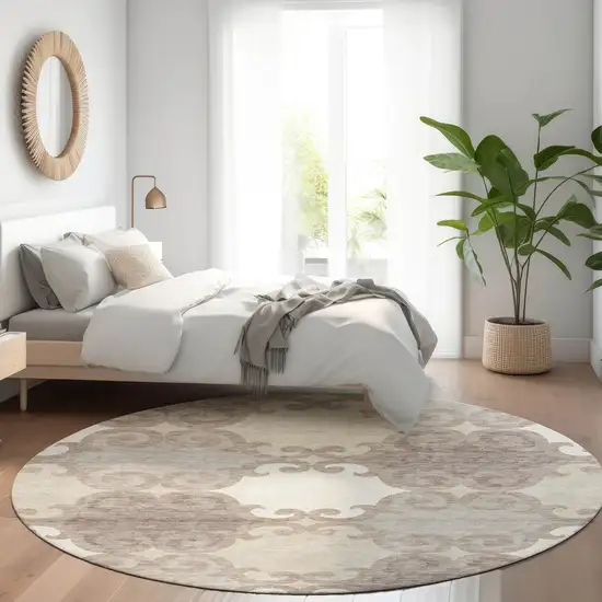 8' Taupe And Beige Trellis Washable Round Rug With UV Protection Photo 5