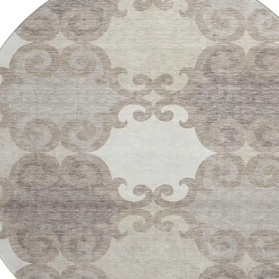 8' Taupe And Beige Trellis Washable Round Rug With UV Protection Photo 3