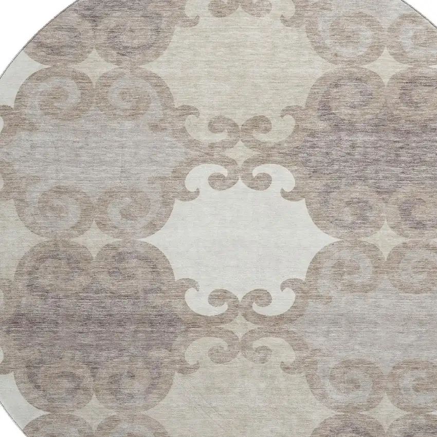 8' Taupe And Beige Trellis Washable Round Rug With UV Protection Photo 3
